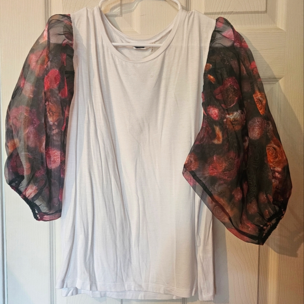 Elegant White Top with Floral Sheer Sleeves